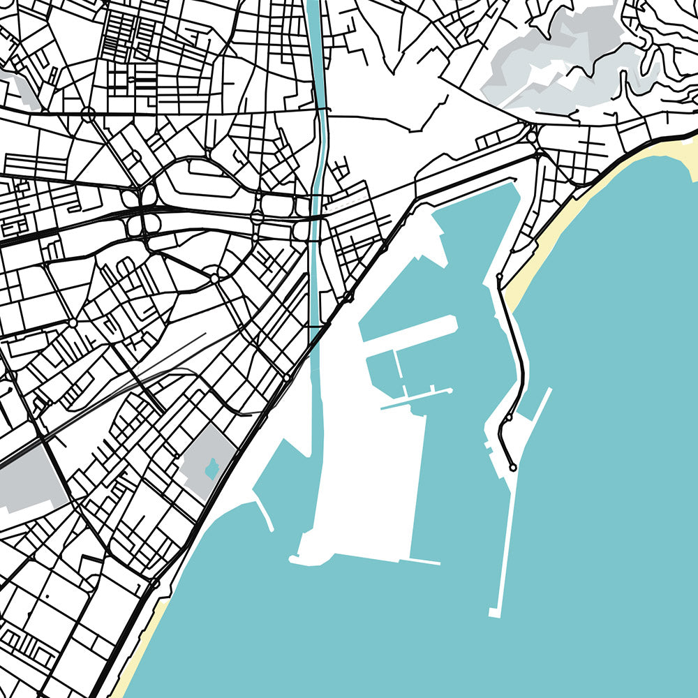 Plan de la ville moderne de Malaga, Espagne : cathédrale, théâtre romain, château de Gibralfaro, quartier historique, quartier des affaires moderne