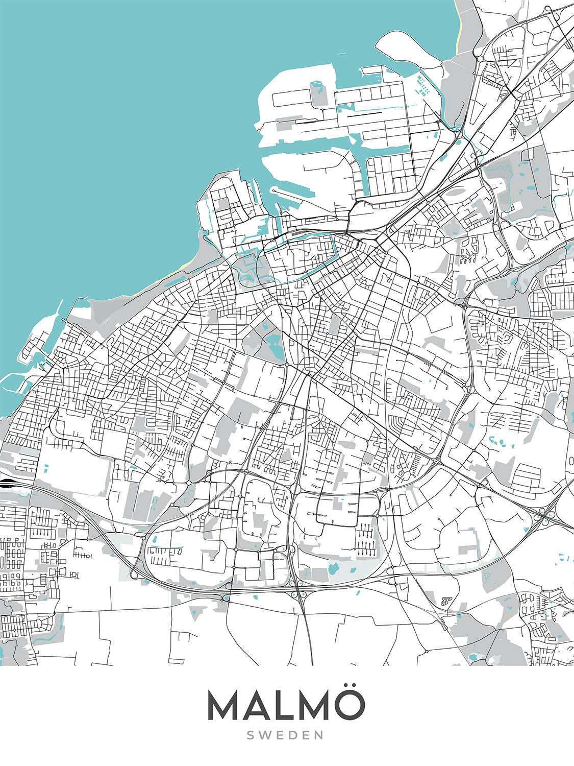 Modern City Map of Malmö, Sweden: Västra Innerstaden, Östra Innerstade ...