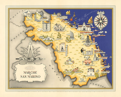 Old Pictorial Map of Le Marche & San Marino by De Agostini, 1938: Ancona, San Marino, Monti Sibillini, Monte Conero, Basilica di San Ciriaco