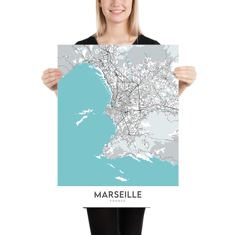Plan de la ville moderne de Marseille, France : Panier, Corniche, Stade Vélodrome, Palais Longchamp, Calanques