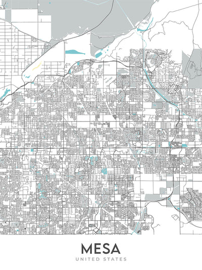 Moderner Stadtplan von Mesa, AZ: Innenstadt, ASU, Red Mountain, Superstition Mountains, Loop 101