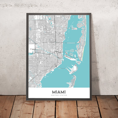 Moderner Stadtplan von Miami, FL: South Beach, Coconut Grove, Downtown, Coral Gables, Key Biscayne