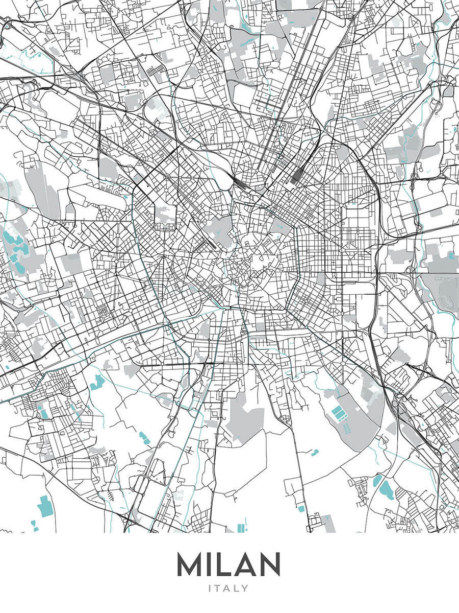 Moderne Stadtkarte von Mailand, Italien: Duomo, Galleria, Castello, Navigli, Brera 