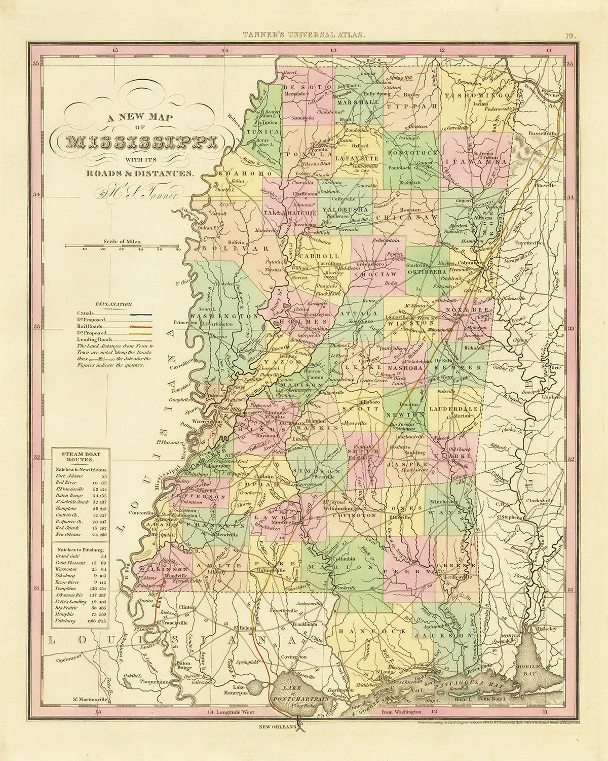Old Map of Mississippi by H.S. Tanner, 1836: Jackson, Gulfport, Southaven, Biloxi, Tupelo, Roads, Railway, Canals