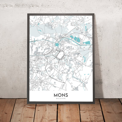 Mapa moderno de la ciudad de Mons, Bélgica: Grand Place, campanario, colegiata de Saint-Waudru