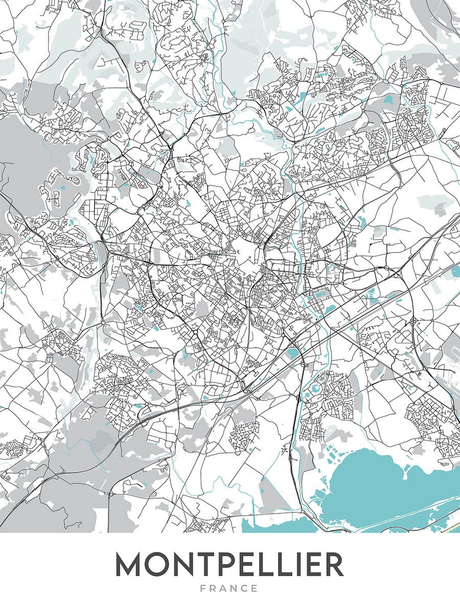 Plan de la ville moderne de Montpellier, France : Antigone, Beaux Arts, Cathédrale Saint-Pierre, Opéra Comédie, Place de la Comédie