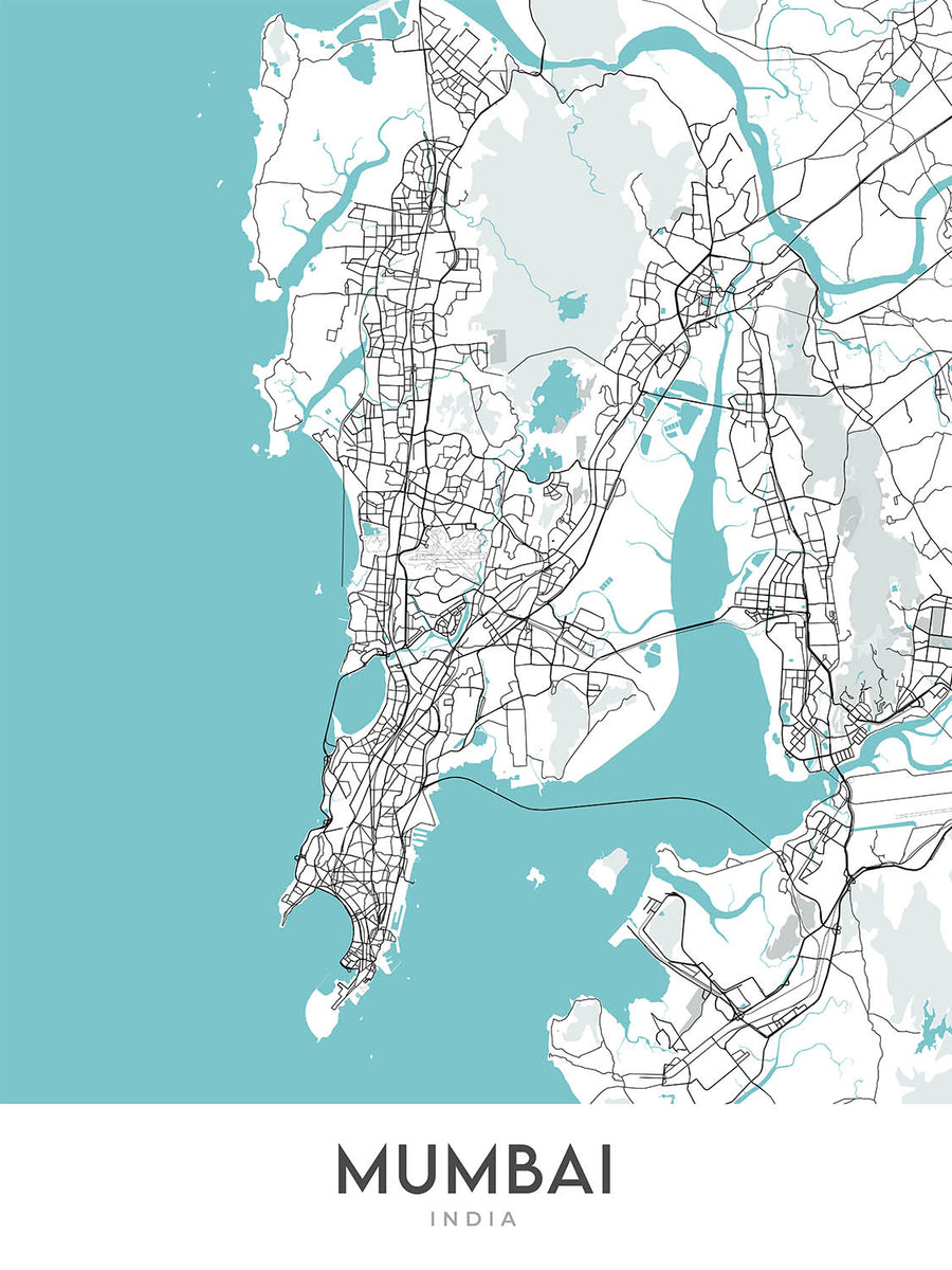 Mappa della città moderna di Mumbai, India: Colaba, Marine Drive, Bandra-Worli Sea Link, Juhu Beach, Lago Powai 