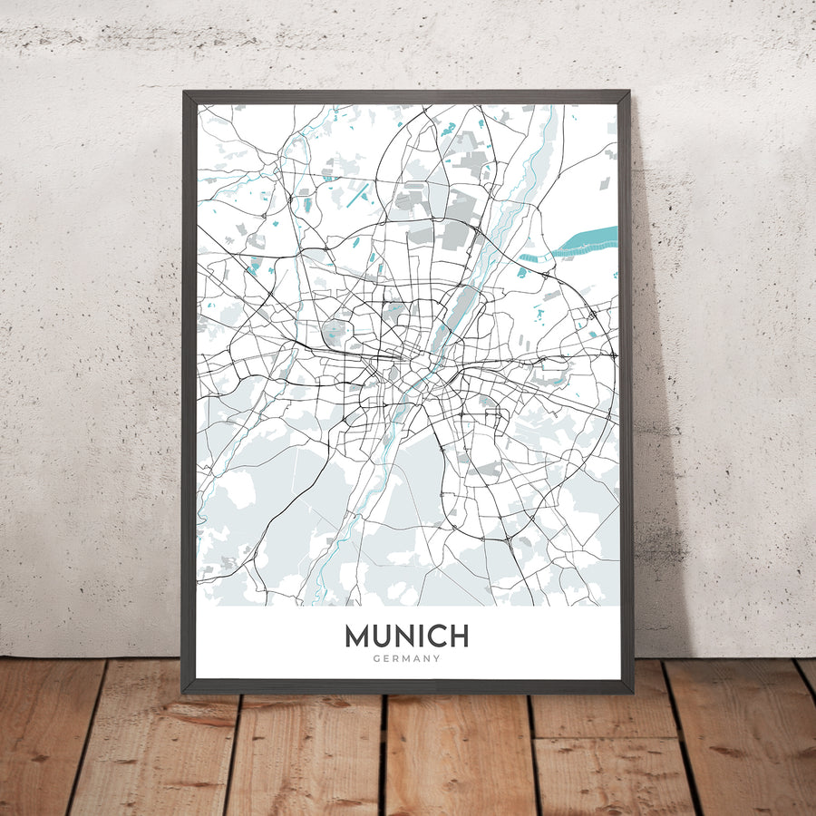 Moderne Stadtkarte von München, Deutschland: Altstadt, Marienplatz, Englischer Garten, Allianz Arena, Isarfluss 