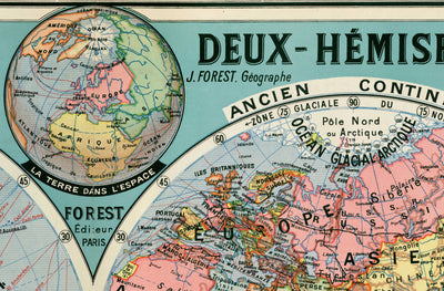 Antiguo mapamundi francés del doble hemisferio en 1925 por Joseph Forest - Volcanes, montañas, fondos marinos