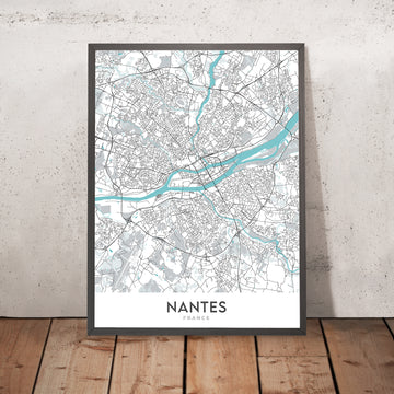 Mappa moderna della città di Nantes, Francia: Centro città, Castello, Cattedrale, Isola di Nantes, Macchine 
