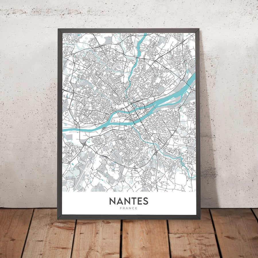 Moderne Stadtkarte von Nantes, Frankreich: Zentrum, Schloss, Kathedrale, Île de Nantes, Maschinen 
