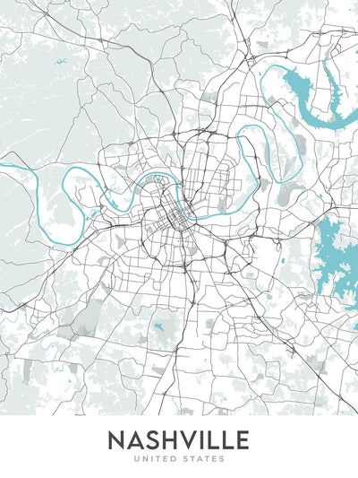 Plan de la ville moderne de Nashville, Tennessee : centre-ville, centre-ville musical, Vanderbilt, Germantown, Shelby Park