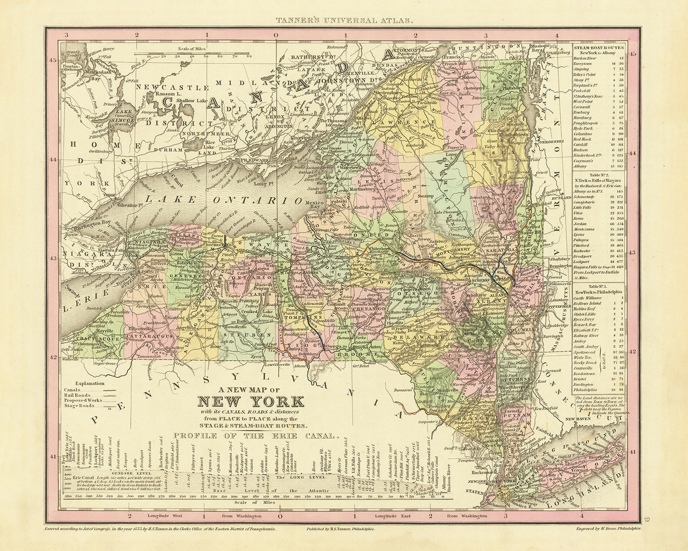 Old Map of New York State by H. S. Tanner, 1836: New York City, Buffalo, Rochester, Yonkers, Syracuse, Roads, Railway, Canals
