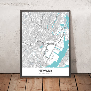 Carte moderne de la ville de Newark, NJ : Centre-ville, Aéroport (EWR), Ironbound, Prudential Center, Rutgers, Autoroute du New Jersey 