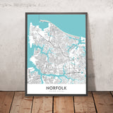 Moderne Stadtkarte von Norfolk, VA: Ghent, Chrysler Museum, Nauticus, Botanischer Garten von Norfolk, I-264 