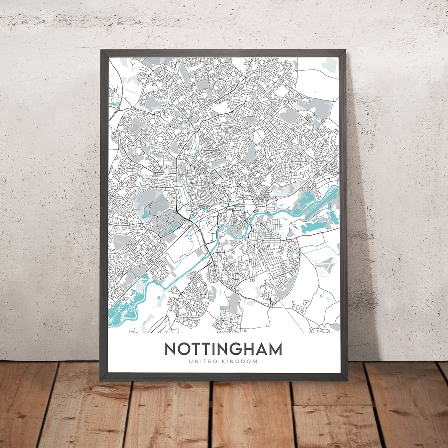 Moderne Stadtkarte von Nottingham, UK: Stadtzentrum, Schloss, Kathedrale, Trent Bridge, Sherwood Forest 