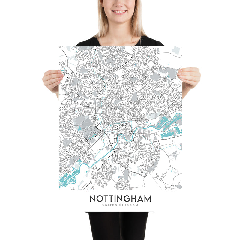 Modern City Map of Nottingham, UK: City Centre, Castle, Cathedral, Tre ...