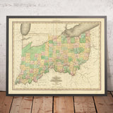 Ancienne carte de l'Ohio et de l'Indiana par H.S. Tanner, 1820 : Cincinnati, Columbus, Indianapolis, Cleveland et Dayton