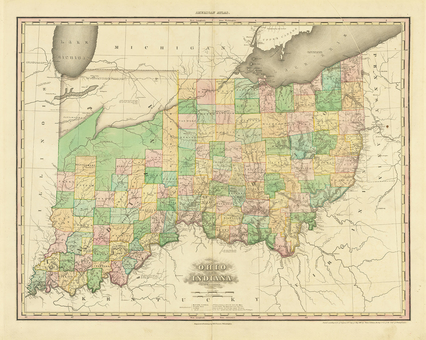 Antiguo mapa de Ohio e Indiana por H.S. Tanner, 1820: Cincinnati, Columbus, Indianápolis, Cleveland y Dayton.