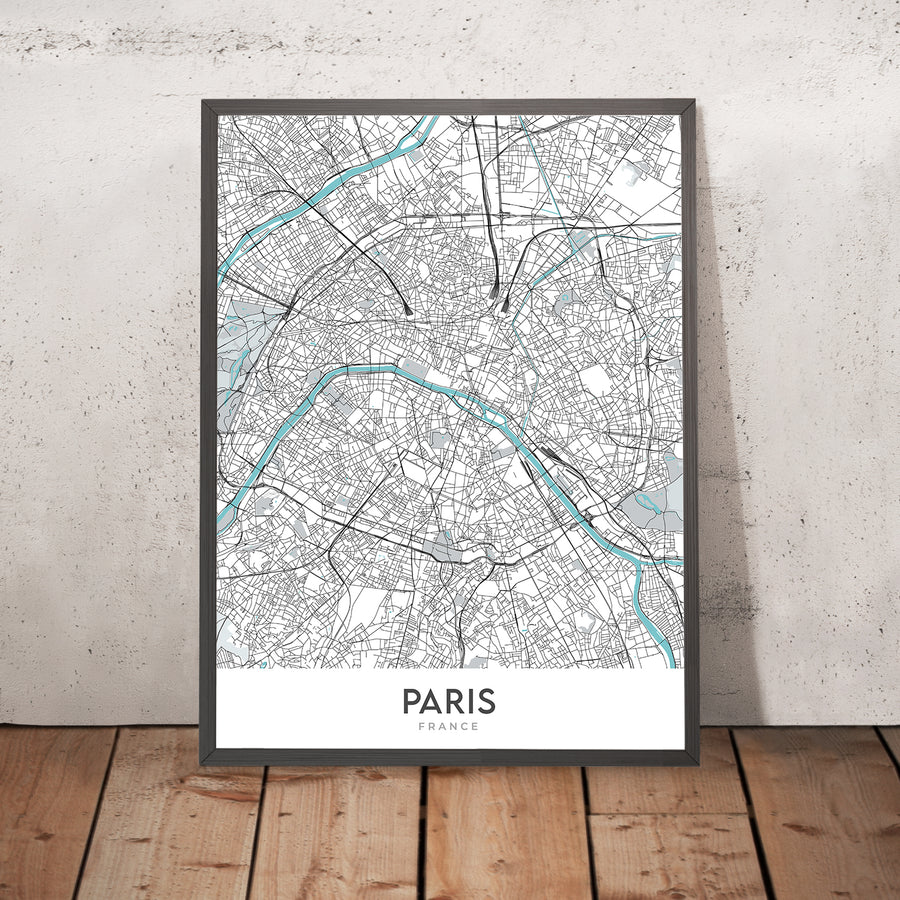 Mapa moderno de la ciudad de París, Francia: Torre Eiffel, Louvre, Notre-Dame, Campos Elíseos, Montmartre