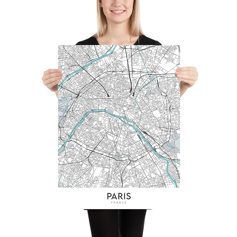 Mapa moderno de la ciudad de París, Francia: Torre Eiffel, Louvre, Notre-Dame, Campos Elíseos, Montmartre