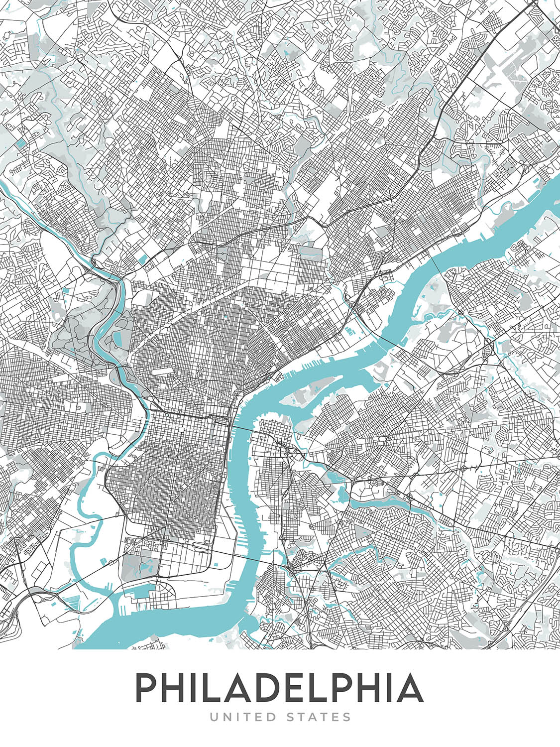 Modern City Map of Philadelphia, PA: Old City, Independence Hall, Schuylkill River, Ben Franklin Bridge, Fairmount Park
