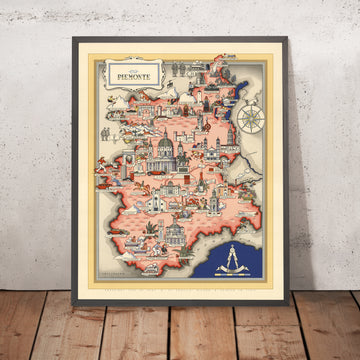 Old Pictorial Map of Piedmont by De Agostini, 1938: Turin, Novara, Vercelli, Biella, Alessandria