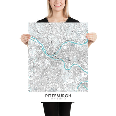 Mapa moderno de la ciudad de Pittsburgh, PA: centro, Oakland, PNC Park, Heinz Field, Carnegie Museum