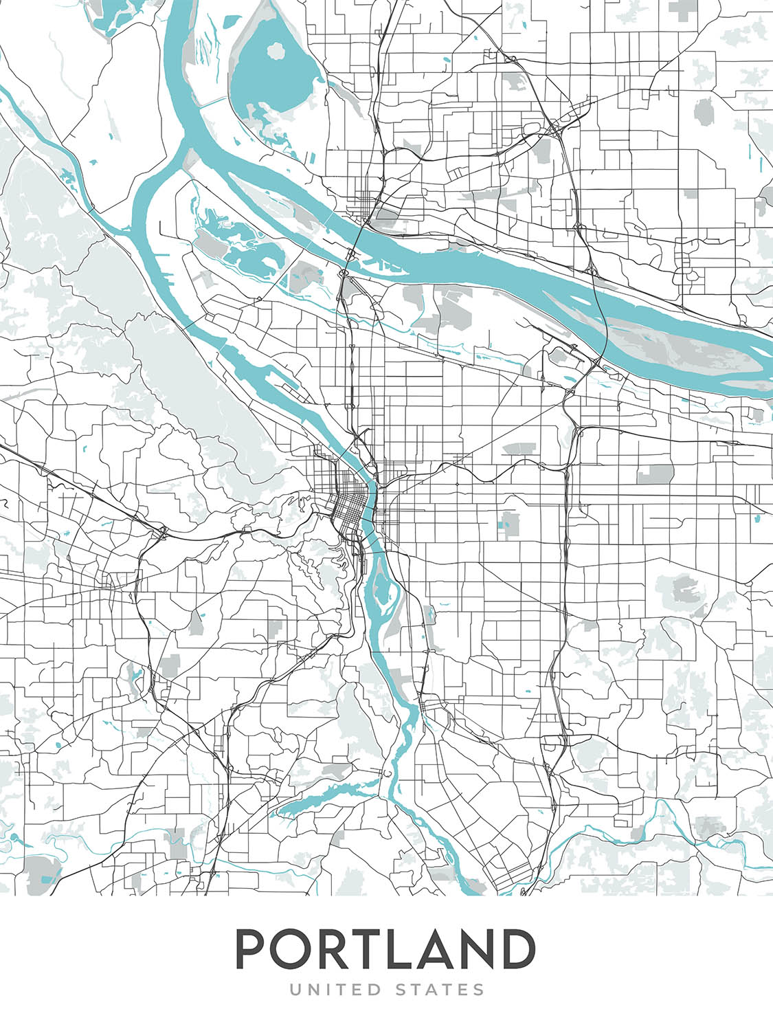 Moderner Stadtplan von Portland, OR: Innenstadt, Pearl District, Willamette River, Mt. Hood, I-5