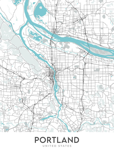 Mapa moderno de la ciudad de Portland, Oregón: centro, distrito Pearl, río Willamette, monte Hood, I-5