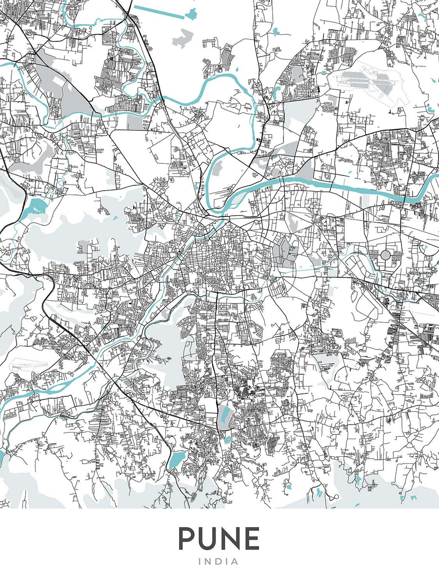 Mappa della città moderna di Pune, India: Shivajinagar, Koregaon Park, Palazzo Aga Khan, FC Road, Lago Pashan 