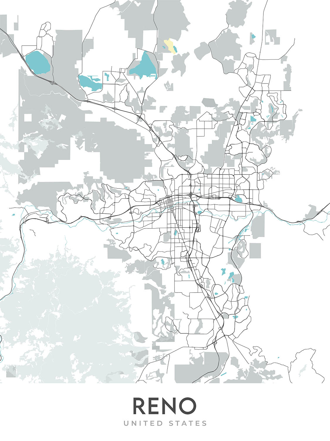 Modern City Map of Reno, NV: Downtown, University, Truckee River, I-80 ...