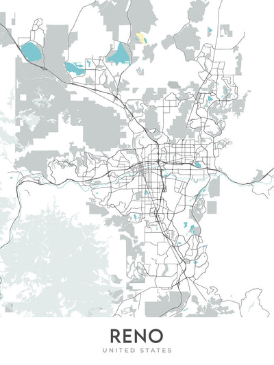 Plan de la ville moderne de Reno, NV : centre-ville, université, Truckee River, I-80, US-395