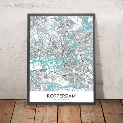 Modern City Map of Rotterdam, Netherlands: Erasmus Bridge, Euromast, De Kuip, Kunsthal, Museum Boijmans Van Beuningen