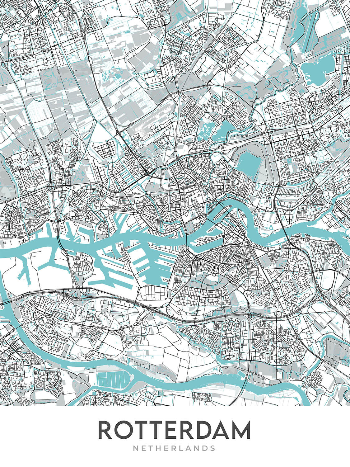 Modern City Map of Rotterdam, Netherlands: Erasmus Bridge, Euromast, De Kuip, Kunsthal, Museum Boijmans Van Beuningen