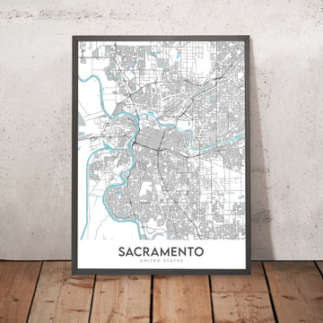 Mapa moderno de la ciudad de Sacramento, CA: centro, Midtown, East Sac, Sac State, American River