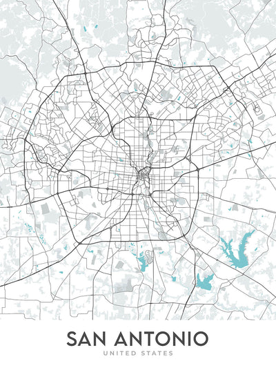 Moderner Stadtplan von San Antonio, TX: Alamo, River Walk, AT&T Center, Downtown, I-35