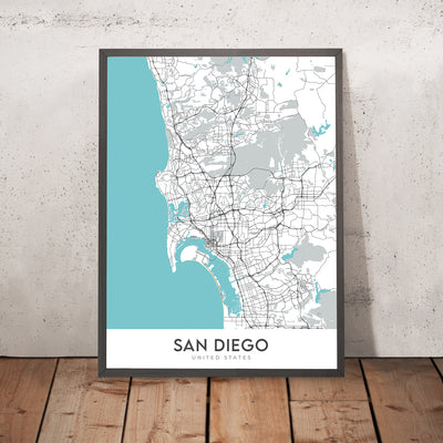 Moderner Stadtplan von San Diego, Kalifornien: Balboa Park, Gaslamp Quarter, La Jolla, Mission Beach, Pacific Beach