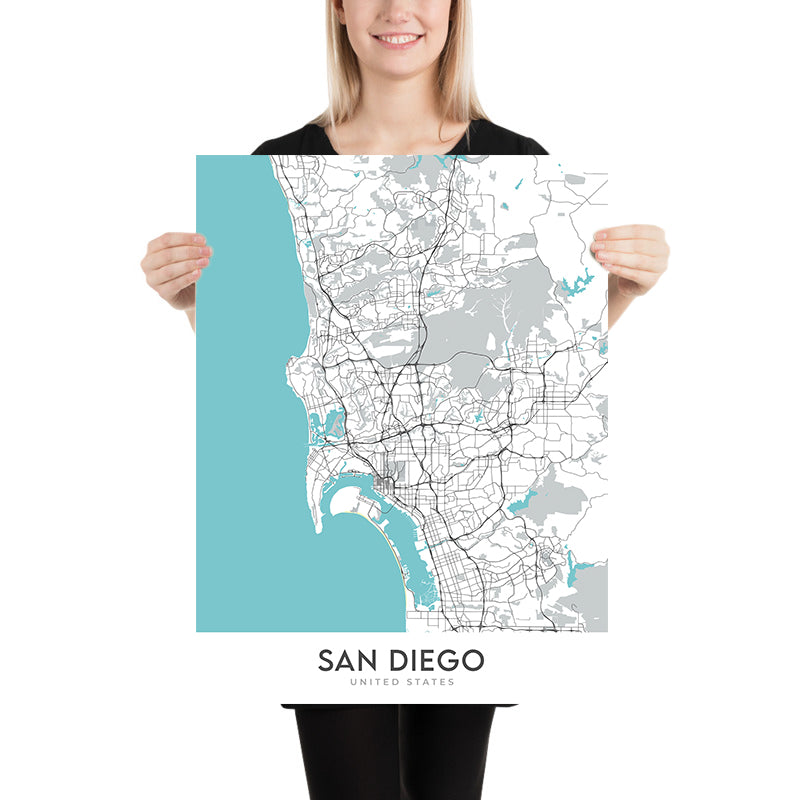 Moderner Stadtplan von San Diego, Kalifornien: Balboa Park, Gaslamp Quarter, La Jolla, Mission Beach, Pacific Beach
