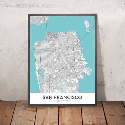 Moderner Stadtplan von San Francisco, Kalifornien: Golden Gate Bridge, Fisherman's Wharf, Alcatraz, Chinatown, Presidio