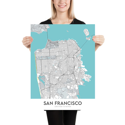 Moderner Stadtplan von San Francisco, Kalifornien: Golden Gate Bridge, Fisherman's Wharf, Alcatraz, Chinatown, Presidio