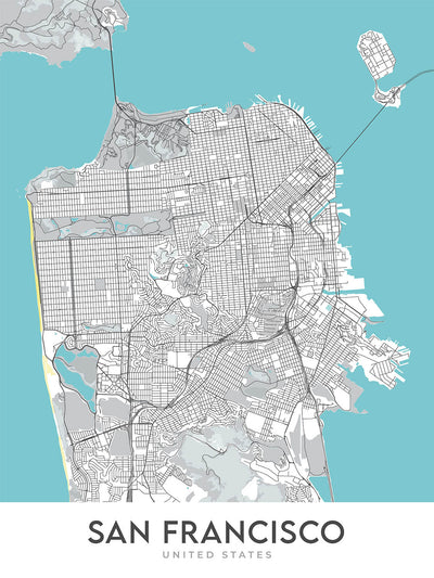 Modern City Map of San Francisco, CA: Golden Gate Bridge, Fisherman's Wharf, Alcatraz, Chinatown, Presidio