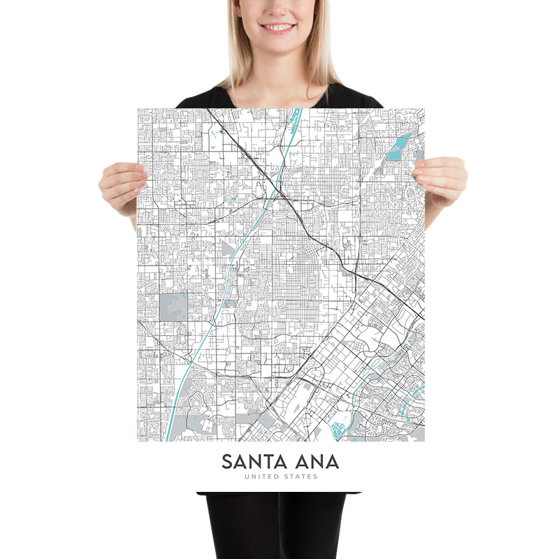 Plan de la ville moderne de Santa Ana, Californie : centre-ville, musée Bowers, Honda Center, I-5, CA-55