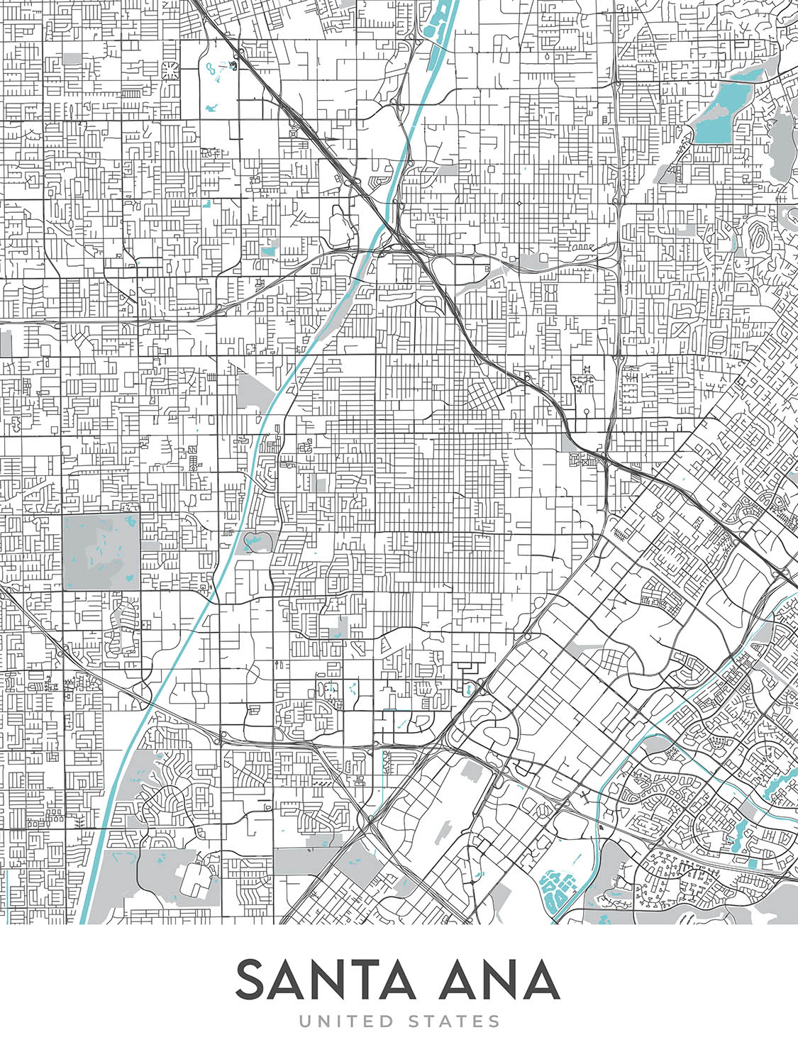 Modern City Map of Santa Ana, CA: Downtown, Bowers Museum, Honda Center, I-5, CA-55
