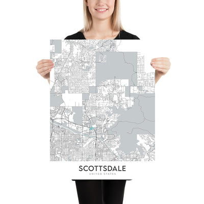 Plan de la ville moderne de Scottsdale, Arizona : centre-ville, vieille ville, stade de Scottsdale, Scottsdale Fashion Square, boucle 101