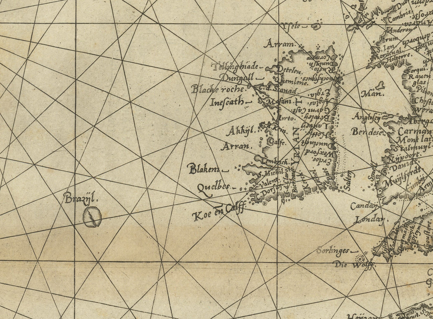Old Nautical Chart of Europe by Waghenaer, 1588: British Isles, Iceland, Hy Brasil Mythical Island