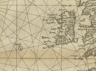 Old Nautical Chart of Europe by Waghenaer, 1588: British Isles, Iceland, Hy Brasil Mythical Island