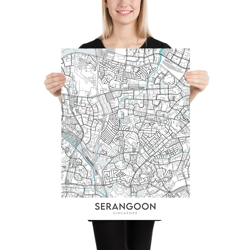 Mapa moderno de la ciudad de Serangoon, Singapur: Chomp Chomp, jardines Serangoon, río Serangoon, parque Maplewood, Upper Serangoon Road