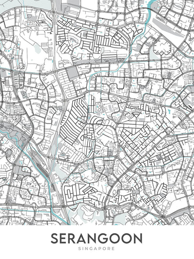 Mapa moderno de la ciudad de Serangoon, Singapur: Chomp Chomp, jardines Serangoon, río Serangoon, parque Maplewood, Upper Serangoon Road