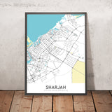 Carte moderne de la ville de Sharjah, Émirats Arabes Unis : Mosquée Al Noor, Al Qasba, Front de mer Al Majaz, Université et Université Américaine de Sharjah 